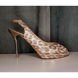 $695 JIMMY CHOO Nova Gold Leopard Shimmer Slingback Open Toe 4" Heels EU 37 US 7